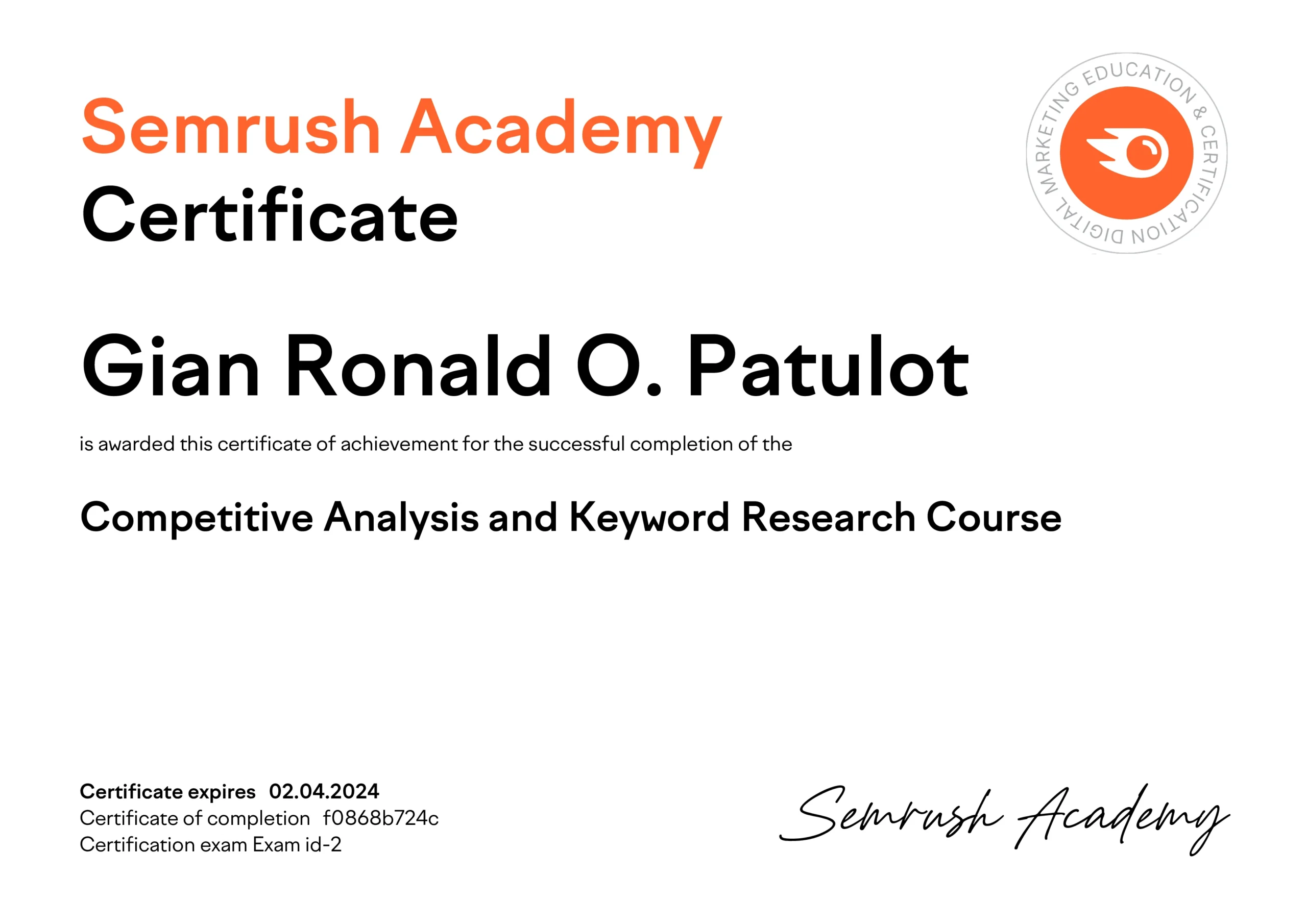 Competitive Analysis and Keyword Research Certificate
