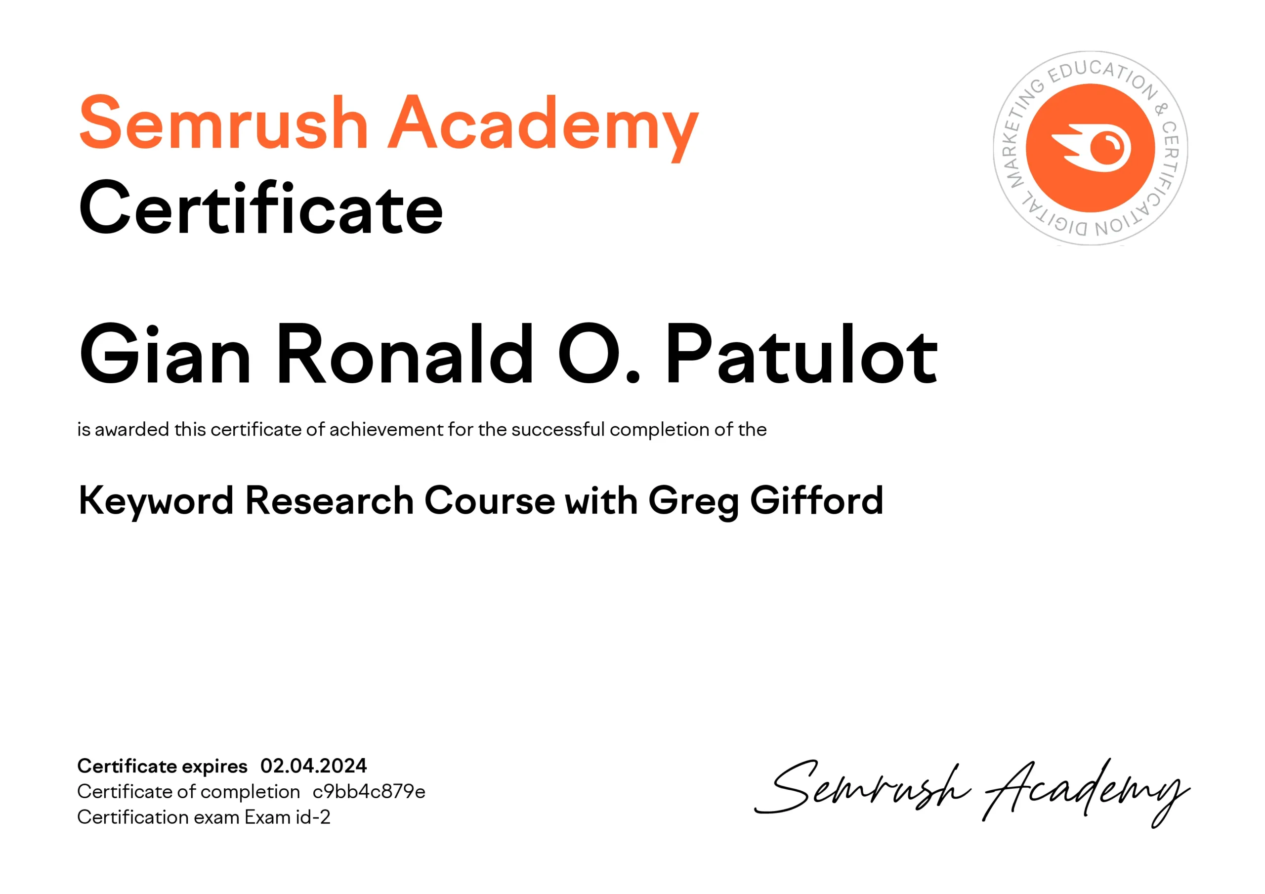 Keyword Research Course certificate