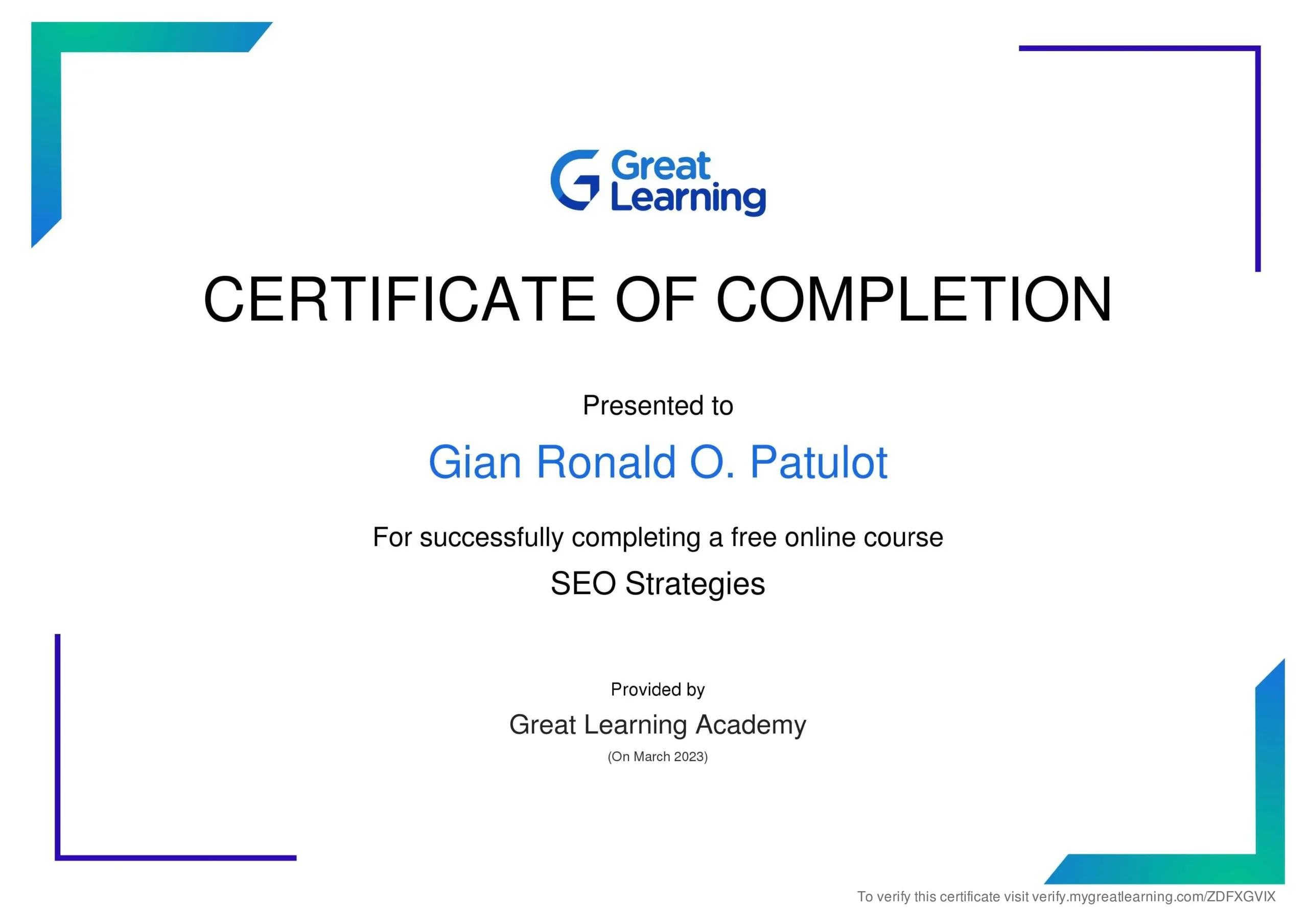 SEO strategies Certificate