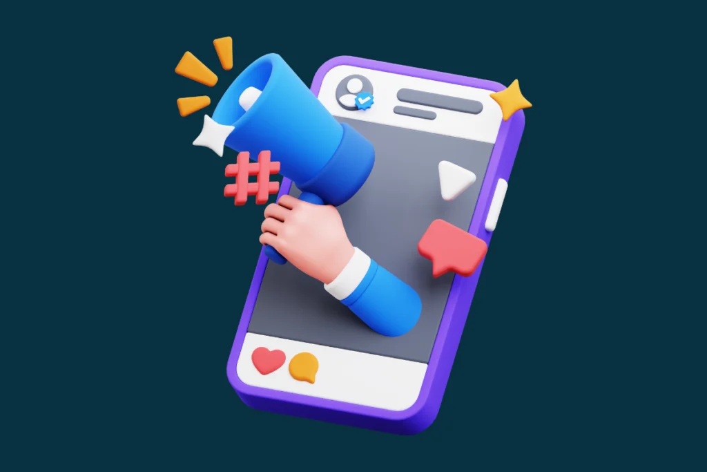 Illustration representing Off-Page SEO services by an SEO specialist in the Philippines, featuring a smartphone with a hand holding a megaphone, social media engagement icons, hashtags, and digital marketing elements symbolizing link building and brand promotion.