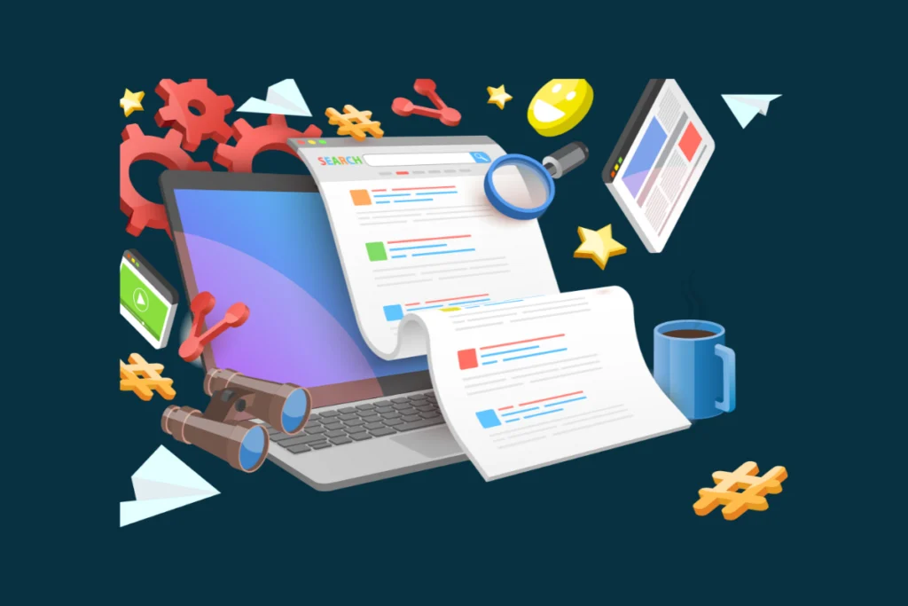 Illustration representing On-Page SEO services by an SEO specialist in the Philippines, featuring a laptop, search engine result pages (SERPs), magnifying glass, content optimization elements, and digital marketing tools like hashtags, backlinks, and analytics icons.