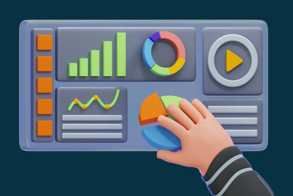 SEO Specialist Philippines - 3D illustration of a hand interacting with an analytics dashboard featuring graphs, charts, and data visualization for SEO report and analysis.